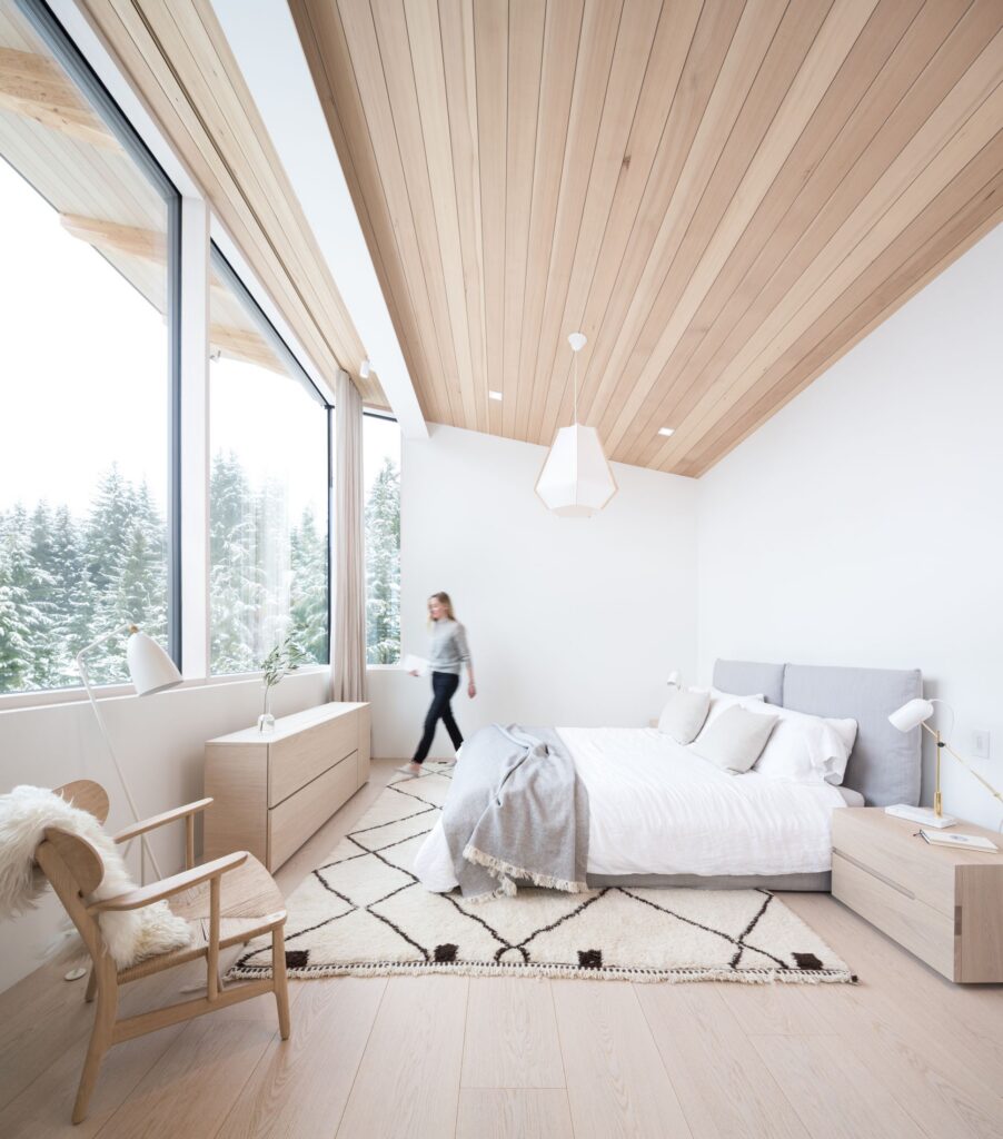 Wood ceiling over a bright bedroom
