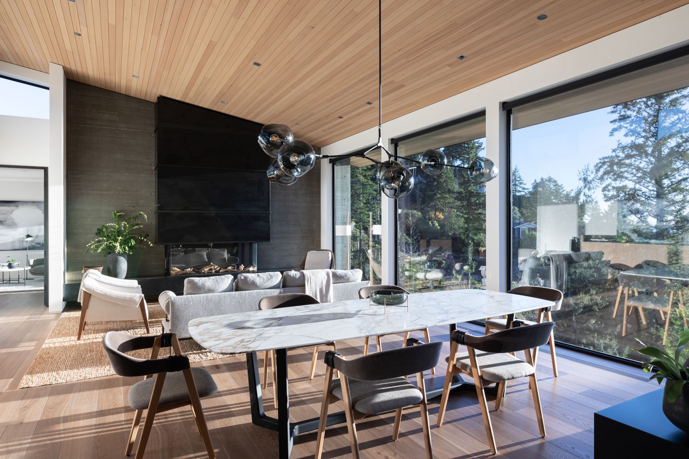 Wood ceiling over a dining and living room