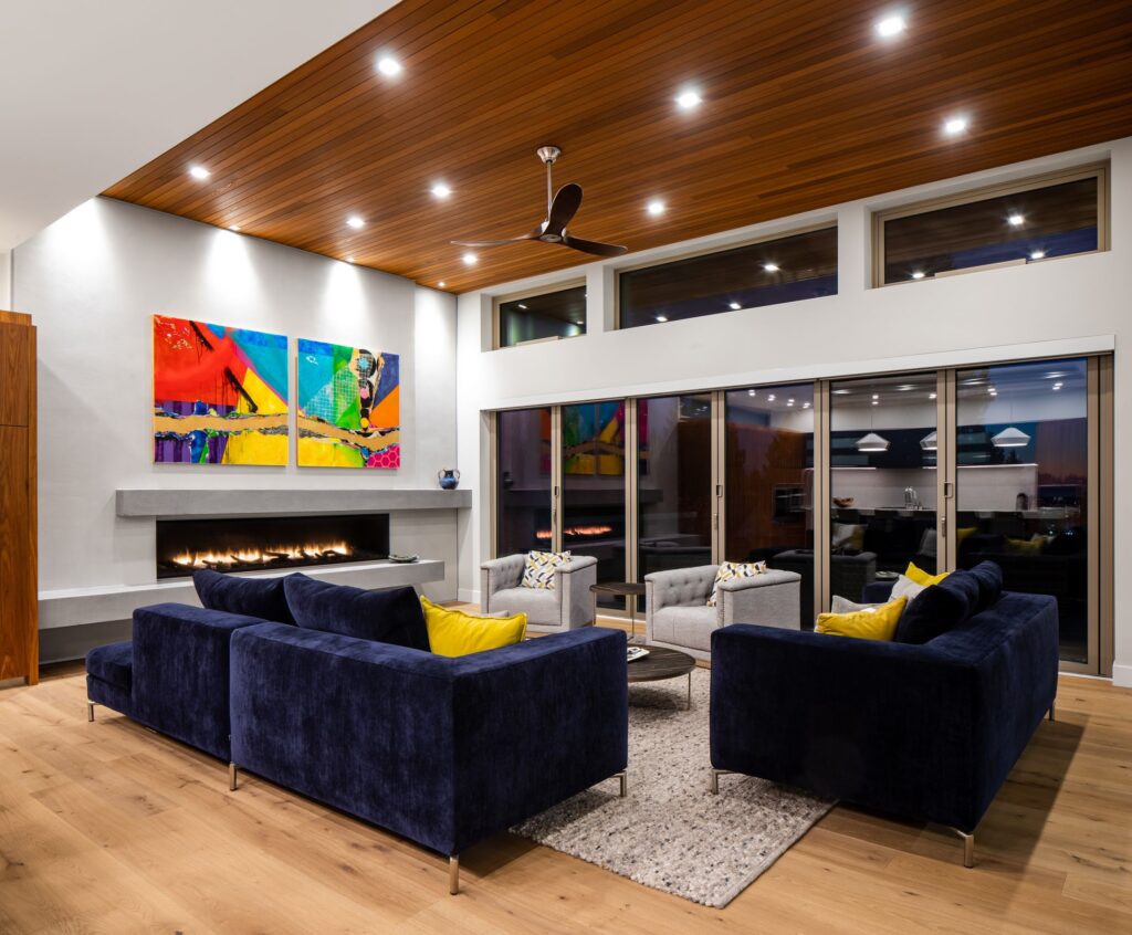 Wood ceiling over a living room