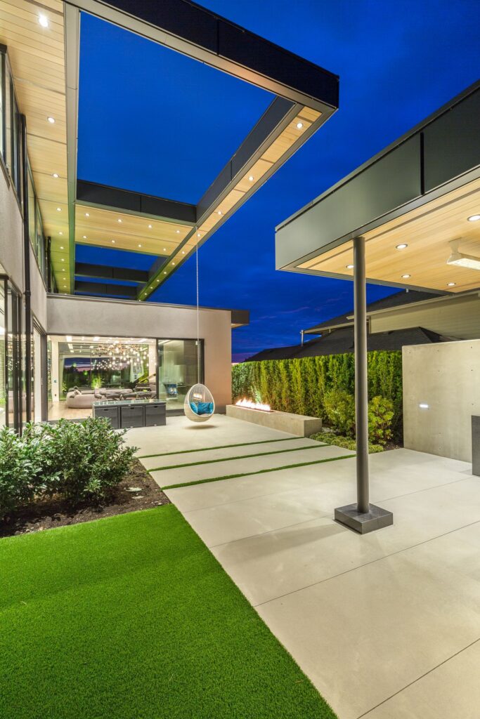 Wood soffit over a covered patio at dusk